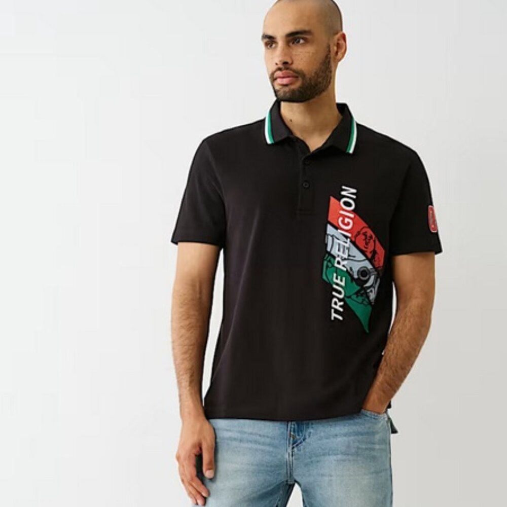 NWT True Religion Men's Embroidered Polo Shirt Buddha Relaxed Black Size XL